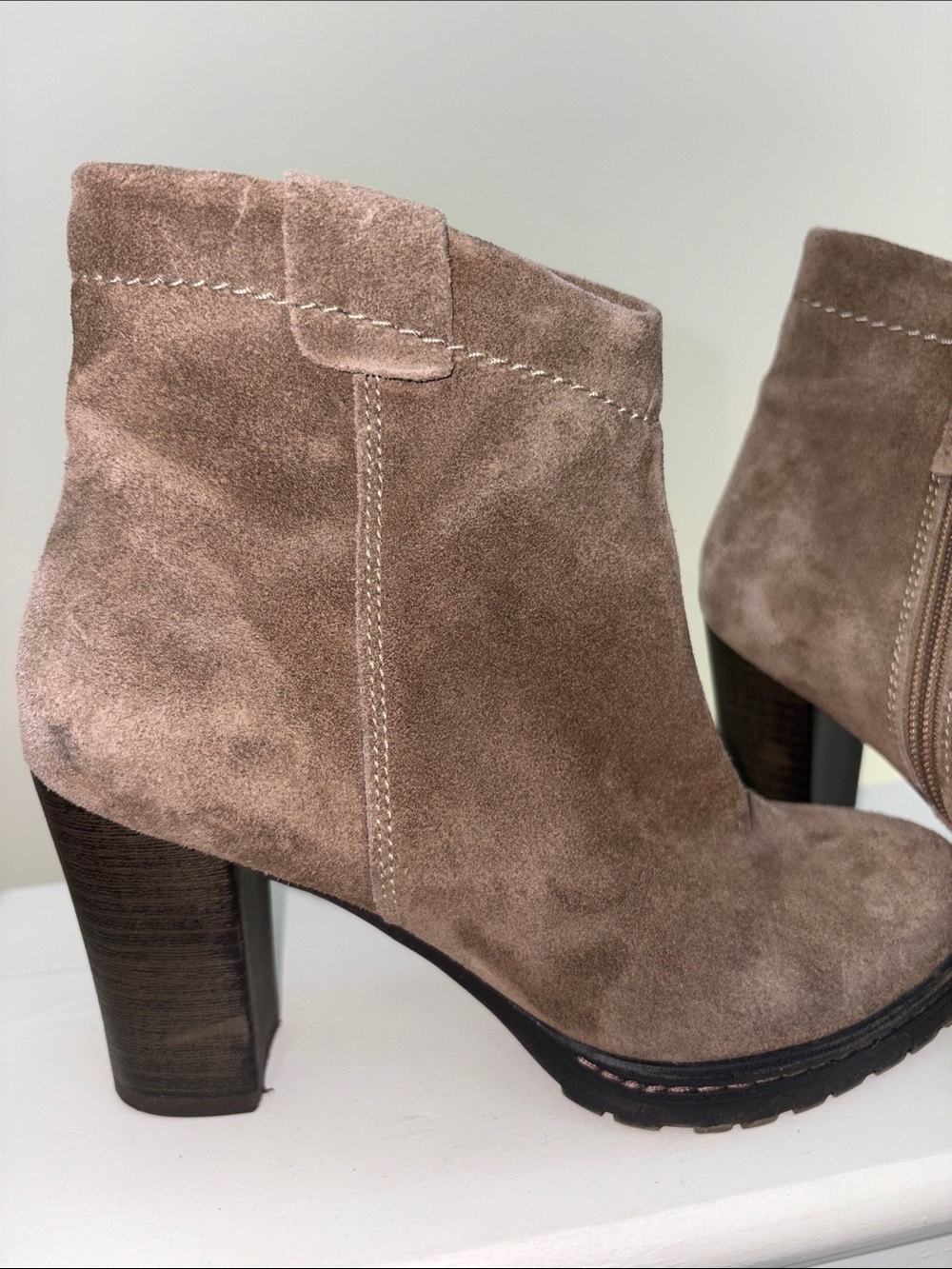 Women's Suede Taupe Ankle Bootie with Block Heel